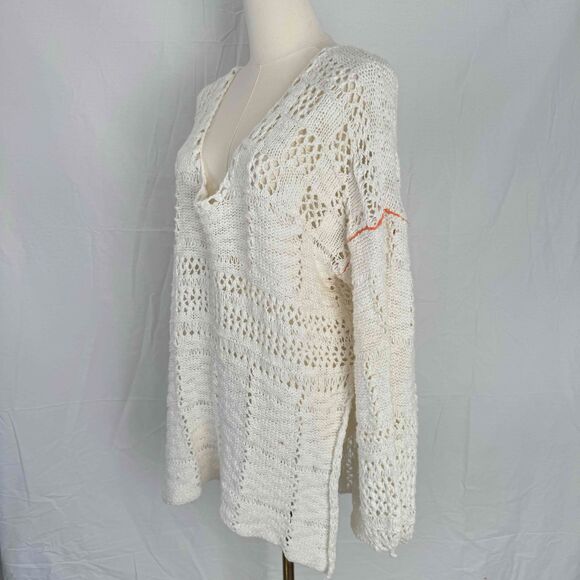 Free People White Sweater Crochet Chunky Knit Oversized Cottagecore Boho Hippie - Picture 5 of 16